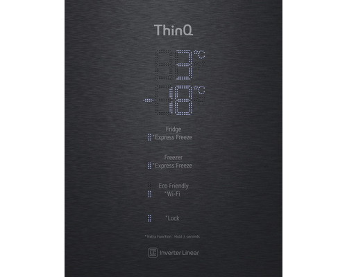 Affichage ThinQ avec température du réfrigérateur et du congélateur, Express Freeze, Eco Friendly, Wi-Fi et fonction de verrouillage