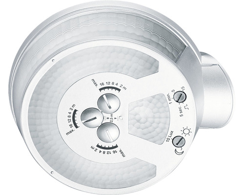 Detailansicht eines Bewegungsmelders mit Einstellknöpfen für Reichweite, Zeit und Helligkeit