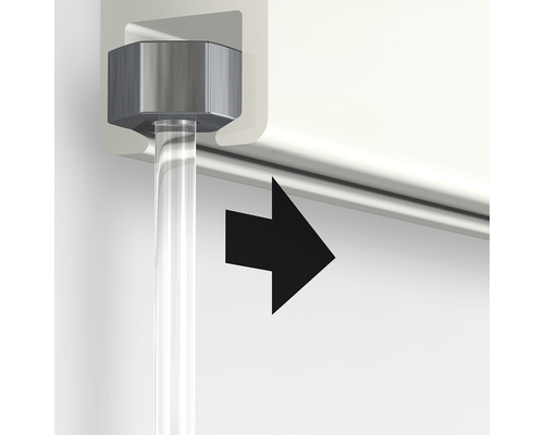 Vue détaillée d''une fixation de cabine de douche avec une flèche noire indiquant la direction