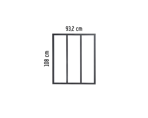 Schwarzes Metallzaunelement mit den Maßen 93,2 cm x 108 cm.