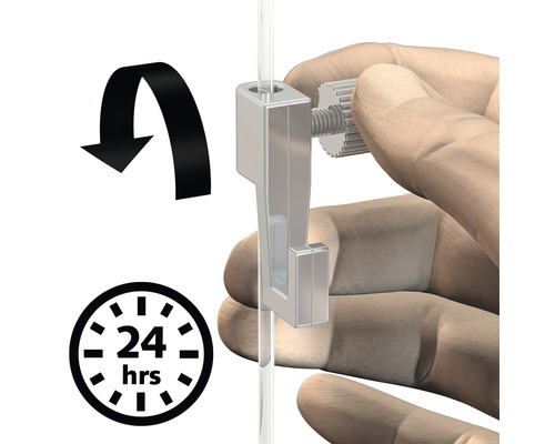 Illustration eines Bildaufhängers mit verstellbarer Schraube an einer transparenten Schnur mit 24 Stunden Symbol