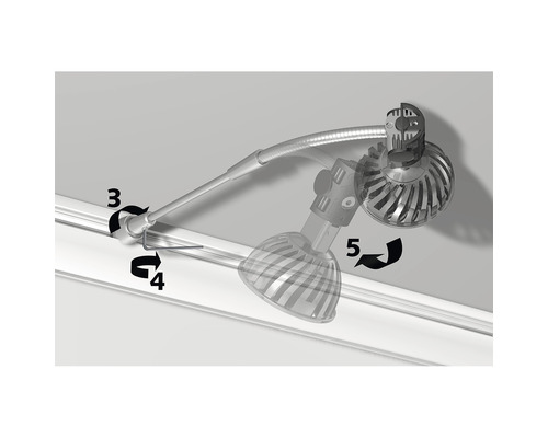 Montage de pommeau de douche rotatif avec marquages pour le réglage et la fixation sur la barre de douche.