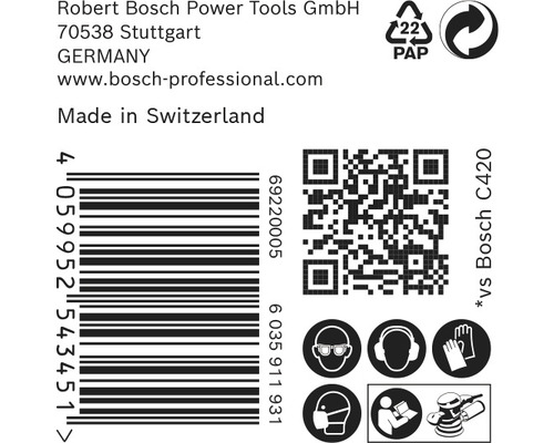 Emballage du produit avec des informations sur Robert Bosch Power Tools GmbH, code-barres, code QR, consignes de recyclage et consignes de sécurité