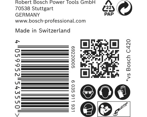 Informationen zu Robert Bosch Power Tools, Barcode, QR-Code, Papierverpackungssymbol, obligatorische Schutzausrüstungssymbole und Gerätesymbol