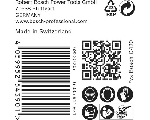 Informationen zu Robert Bosch Power Tools, Barcode, Papier-Recycling-Symbol, QR Code und Sicherheitshinweise