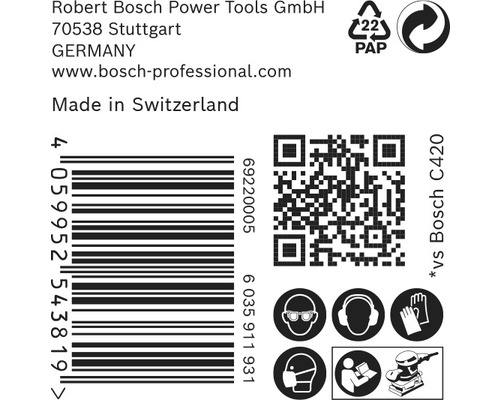Informations sur Robert Bosch Power Tools GmbH, code-barres, informations sur le recyclage, code QR et consignes de sécurité