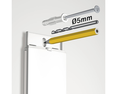 Illustration einer Dübel Montage mit Schraube, Bohrer und Bleistift