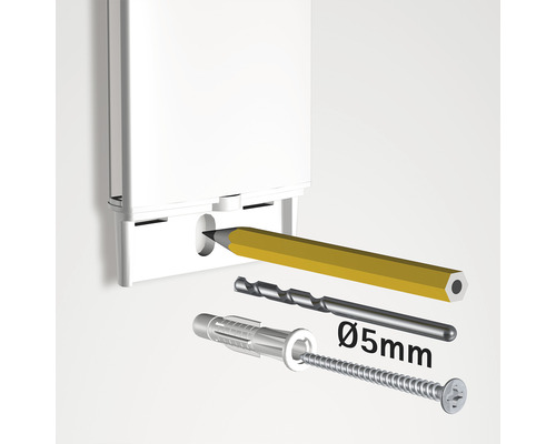 Montageanleitung: Bleistift, Bohrer, Dübel und Schraube zur Befestigung