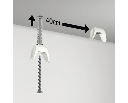 Illustration zeigt die Montage von Deckenhaken mit Schrauben und Dübeln, Abstand 40 Zentimeter.