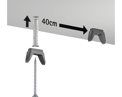 Illustration du montage d''un support avec vis et cheville à une distance de 40 centimètres.