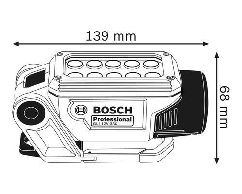 Bosch Logo. Abmessungen der Akku-Baustellenleuchte: 139 mm breit und 68 mm hoch.