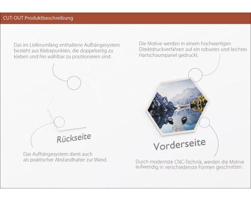 Produktbeschreibung Cut-Out: Rückseite mit Klebepunkten, Vorderseite mit Bergmotiv auf Hartschaumpaneel