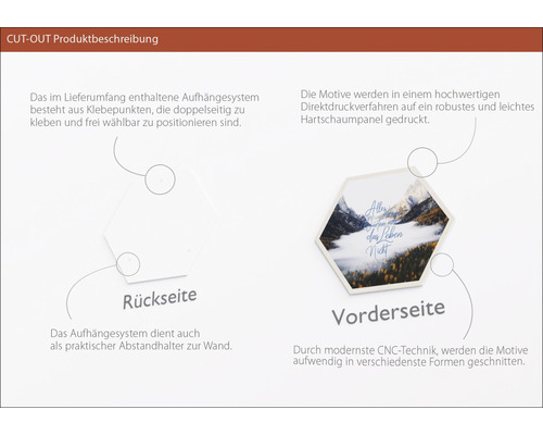 Produktbeschreibung einer Cut-Out Wanddekoration mit rückseitigen Klebepunkten und einem Motiv auf der Vorderseite