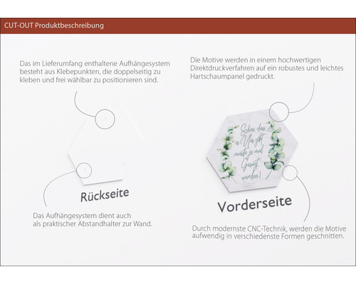 Produktbeschreibung Cut-Out: Rückseite mit Klebepunkten und Vorderseite mit Motivdruck auf Hartschaumpanel.