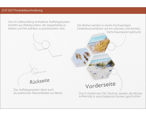 Produktbeschreibung Cut-Out: Rückseite mit Klebepunkten und Vorderseite mit Direktdruck auf Hartschaumpaneel.