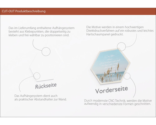Produktbeschreibung Cut Out: Rückseite mit Klebepunkten, Vorderseite mit Motivdruck auf Hartschaumpaneel