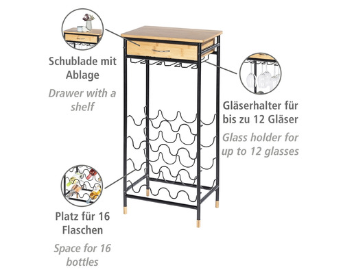 Weinregal mit Schublade, Gläserhalter und Platz für 16 Flaschen