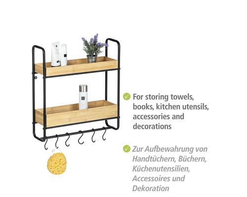 Wandregal mit zwei Ablagen und Handtuchhaken aus Metall und Holz