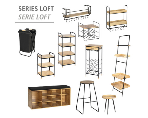 Serie Loft Möbelkollektion mit Regalen, Hocker, Wäschekorb und Schuhbank