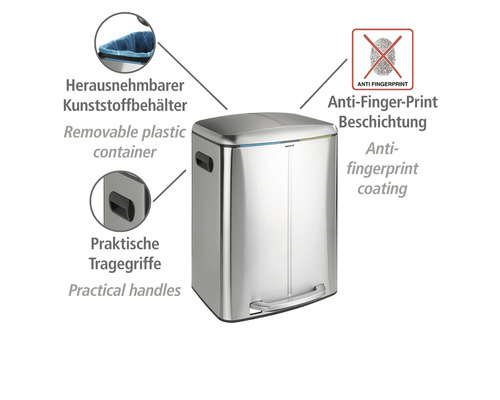 Abfalleimer aus Edelstahl mit herausnehmbarem Kunststoffeinsatz, Tragegriffen und Anti-Fingerprint-Beschichtung