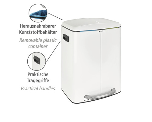 Weißer Treteimer mit herausnehmbarem Kunststoffeimer und Tragegriffen