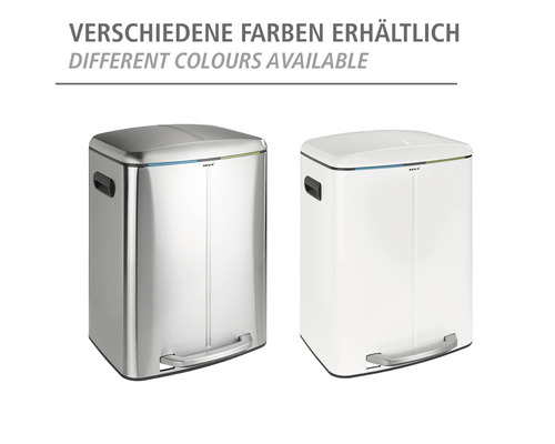 Zwei Treteimer aus Metall und Kunststoff in verschiedenen Farben erhältlich