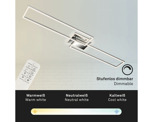Moderne Deckenleuchte mit Fernbedienung zur stufenlosen Dimmung und Einstellung der Lichtfarbe.