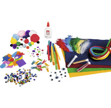 Bastelset mit Pompons, Filz, Federn, Pfeifenreinigern, Glitzer, Wackelaugen, Holzstäbchen, Wäscheklammern, Kleber und Pailletten
