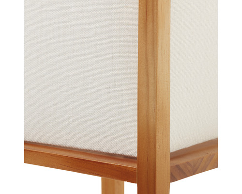 Detailansicht einer Leuchte mit Holzrahmen und Stoffbespannung