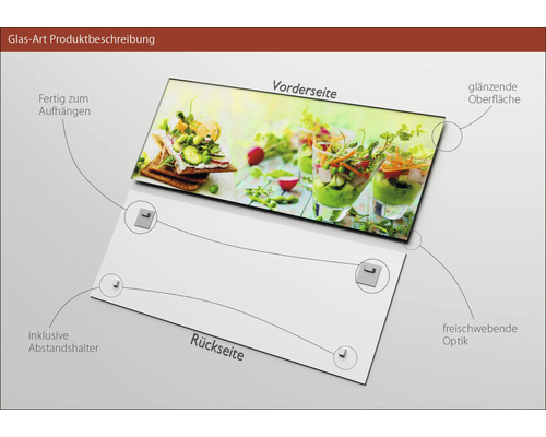Glasbild mit Lebensmittelmotiven, glänzender Oberfläche und Aufhängung