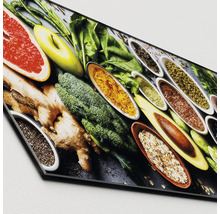 Image en verre acrylique avec un arrangement de fruits, de légumes et d''épices dans des bols.