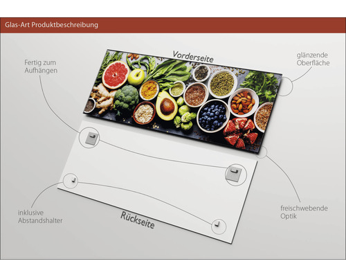 Glasbild mit Obst- und Gemüse-Motiv, inklusive Abstandshalter zur Wandmontage