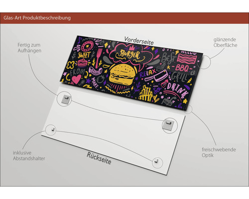 Glasbild mit Lebensmittelmotiven und Wandhalterung