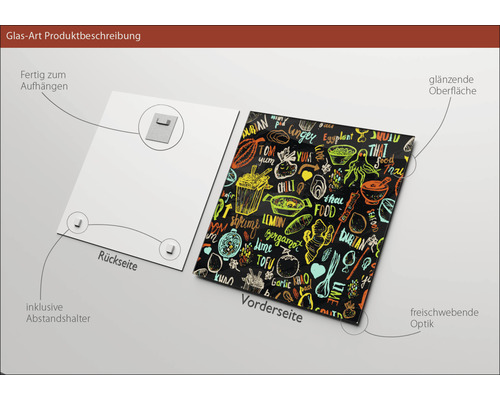 Glasbild mit asiatischen Lebensmitteln auf schwarzem Hintergrund, inklusive Abstandshalter