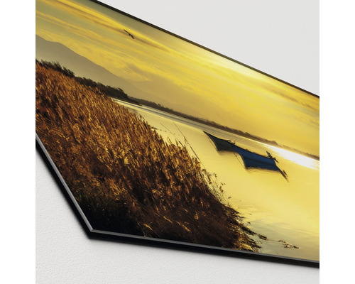 Dekobild mit See, Boot und Schilf