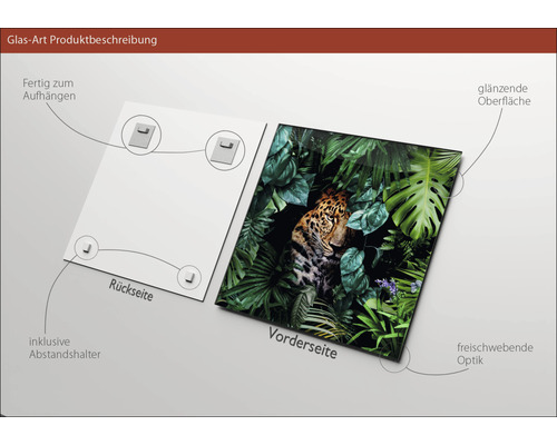 Glasbild mit Leopardmotiv, inklusive Wandhalterung, glänzende Oberfläche