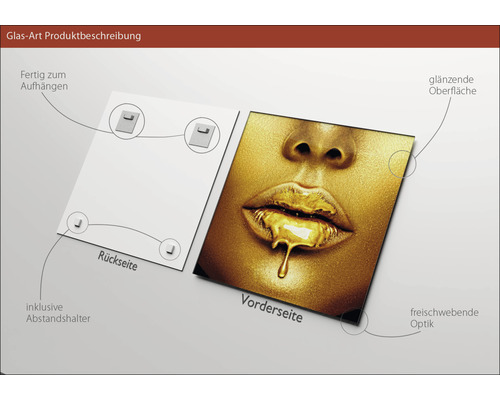 Glasbild mit glänzender Oberfläche und goldenem Motiv inklusive Abstandshalter zur einfachen Anbringung