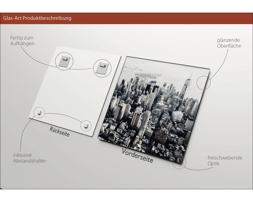 Glasbild mit glänzender Oberfläche, inklusive Abstandshalter zur Wandmontage