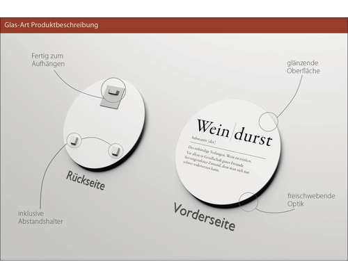 Glasbild mit der Aufschrift Weindurst, inklusive Abstandshalter zur Wandmontage