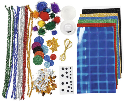 Kit de bricolage avec cure-pipes, pompons, papier pailleté, yeux mobiles et accessoires pour projets créatifs