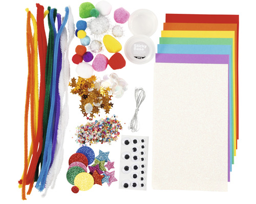 Bastelset mit Pfeifenreinigern, Pompons, Glitzer, Wackelaugen, Sternen und Papier