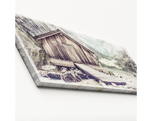 Leinwandbild mit Berghütte und See-Motiv