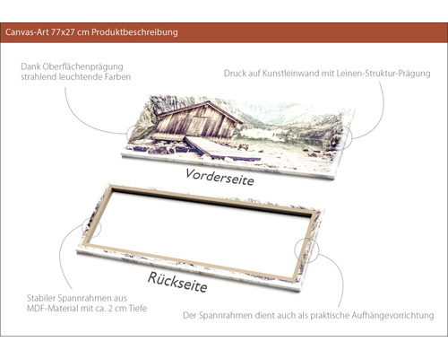 Leinwandbild 77x27 cm mit Holzhaus Motiv, Vorder- und Rückseite