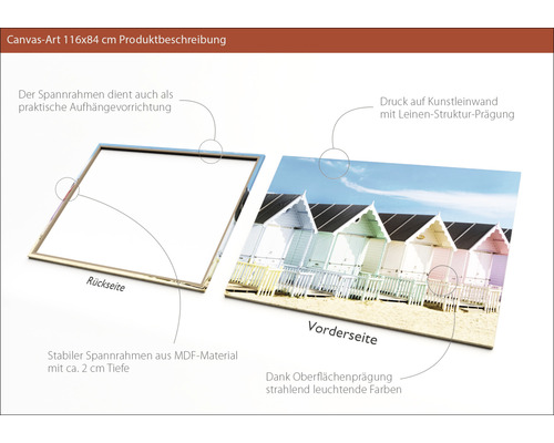 Leinwandbild 116x84 cm mit Strandhütten Motiv und MDF Rahmen