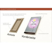 Decopanel Produktbeschreibung: Rückseite mit Rahmen zur Aufhängung, Vorderseite mit mattem Oberflächendesign und schwebender Optik.