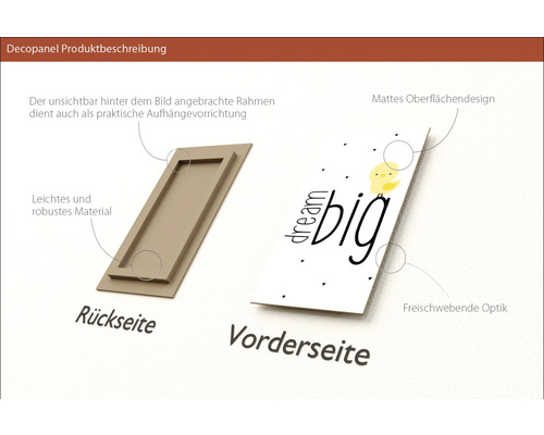 Decopanel Produktbeschreibung: Rückseite mit Rahmen zur Aufhängung, Vorderseite mit mattem Oberflächendesign und Schriftzug.