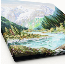 Gemälde mit Berglandschaft, Fluss und Bäumen