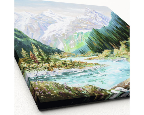 Gemälde mit Berglandschaft, Fluss und Bäumen