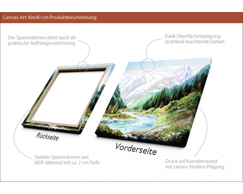 Leinwandbild 40x40 cm mit Berglandschaft, Rückseite mit MDF Rahmen