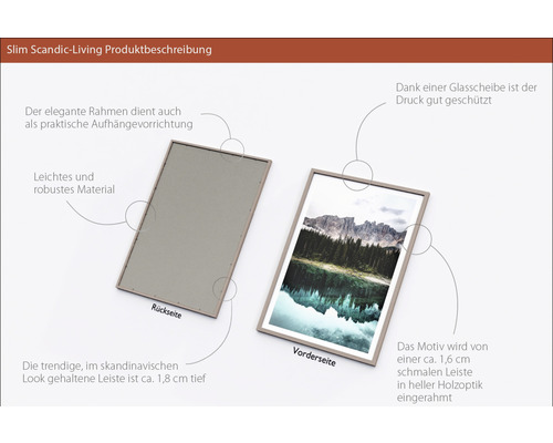 Dekorativer Bilderrahmen mit Bergmotiv, Vorder- und Rückansicht